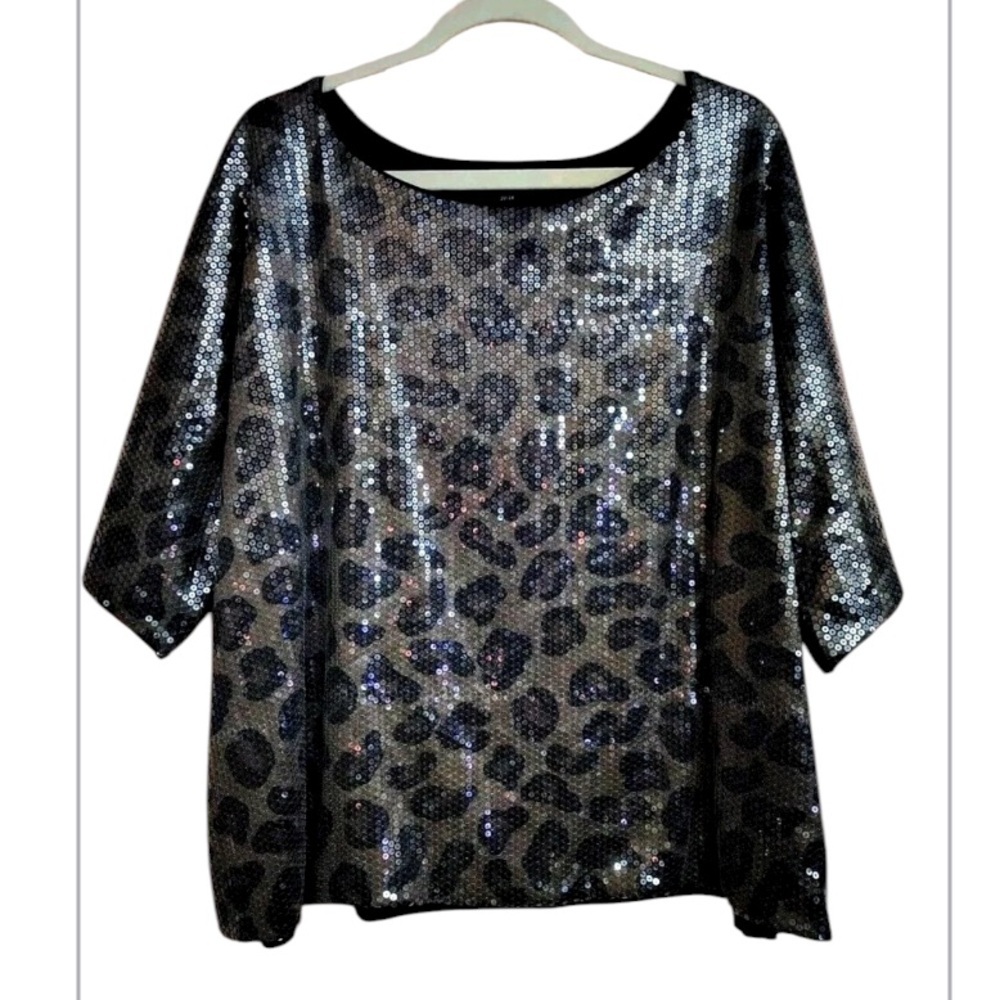 Women’s 6th & Lane 14/16 Olive Green & Black Leopard Sequin Shortsleeve Crop Top